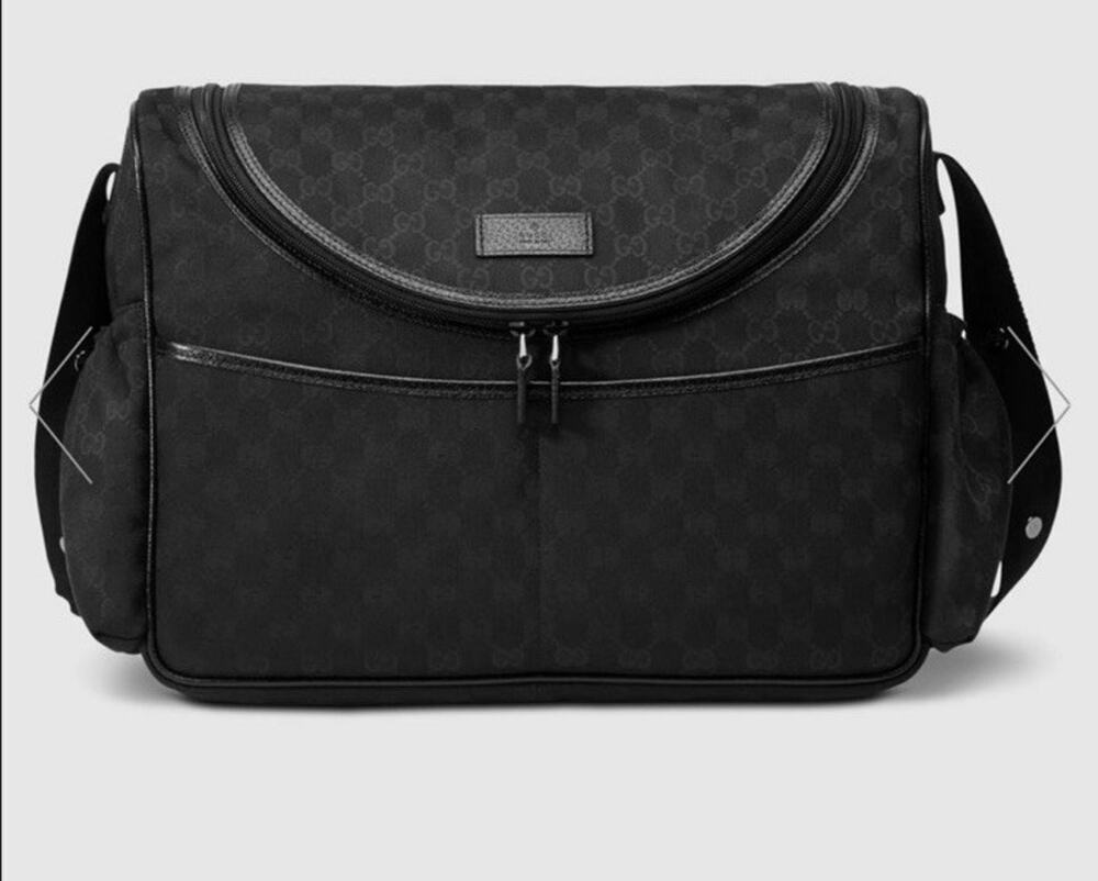 Gucci GG Black Diaper Nappy Baby Bag Canvas/Leather Trim w/Changing Mat Lsaja